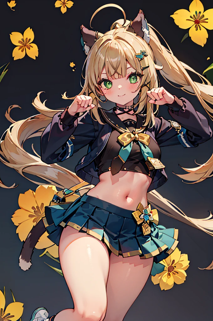 Realistic image, A consistent image, Detailed Images, 1 Girl, She has pale ash blonde hair growing in clumps.、Has green eyes, Some of her hair is tied up in a high ponytail.. She is wearing brown cat ears decorated with gold and flowers.. She has some yellow and brown hairpins in her hair., There is also a flower-shaped clip on the right side of her hair.. She has a delicate oval face, Blushing, smile, She wears a crop top, Pleated mini skirt, Long Stockings, Sneakers, Medium chest, Curved body, Thick thighs, Embarrassing pose, Black background, Uniform background,