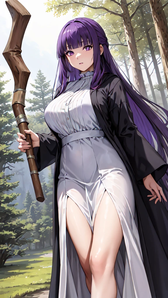 masterpiece, Highest quality, High resolution, Arfern, Long Hair, Purple Hair, Blunt bangs, Purple eyes, Large Breasts, Long dress, White Dress, Black Robe, Long sleeve, Are standing, holding staff, forest, Cowboy Shot,