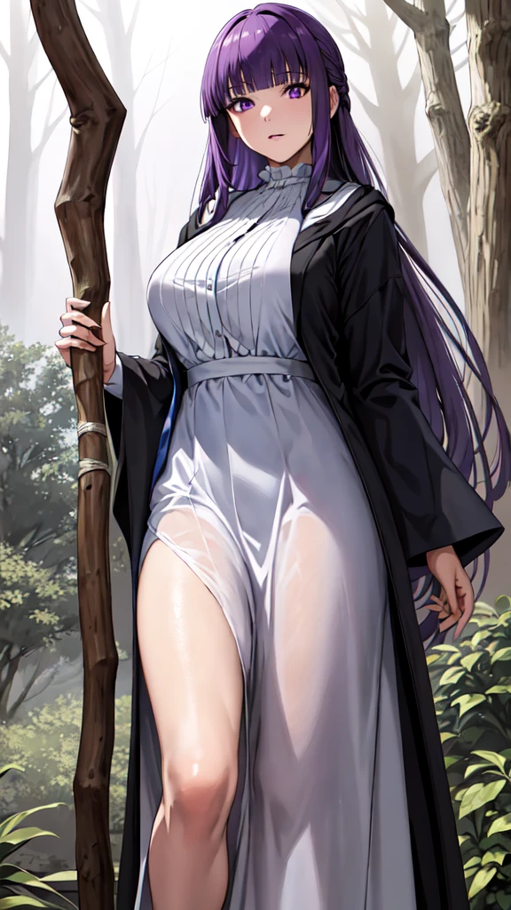 masterpiece, Highest quality, High resolution, Arfern, Long Hair, Purple Hair, Blunt bangs, Purple eyes, Large Breasts, Long dress, White Dress, Black Robe, Long sleeve, Are standing, holding staff, forest, Cowboy Shot,