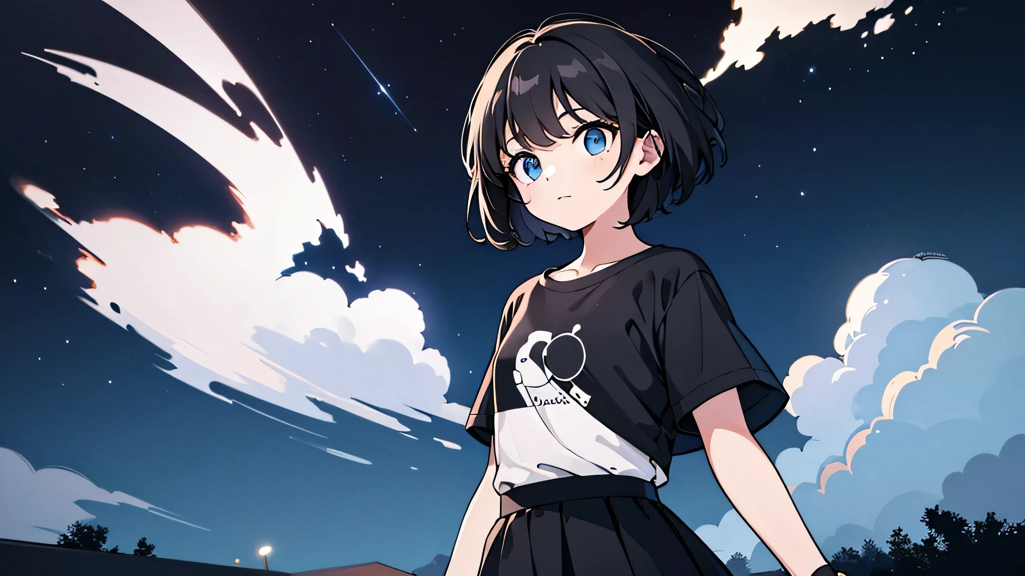 1girl, solo, blue eyes, (detailed eyes), flat chest, short hair, black hair, ((white t-shirt)), simple t-shirt, black skirt, black socks, upper body, ((masterpiece, illustration, best quality)) standing on a field viewing up the night sky with dark clouds and stars