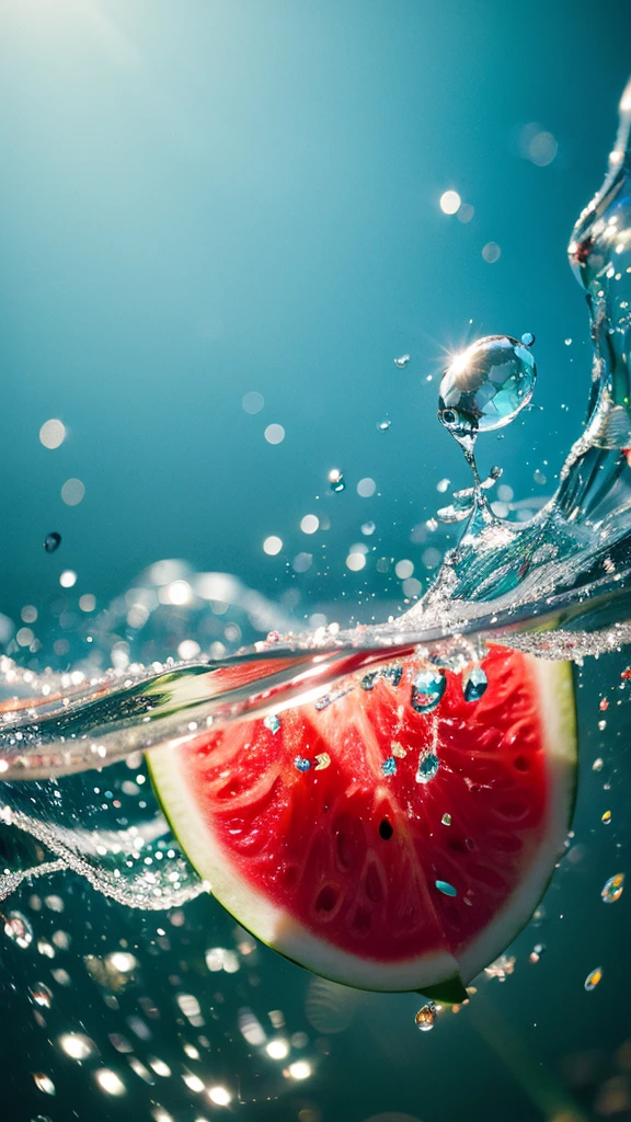 Summer Dream，Dreamy red heart watermelon，Dreamy lighting，The scattered water drops float in the air and sparkle in the sun，HD，Details，Best quality