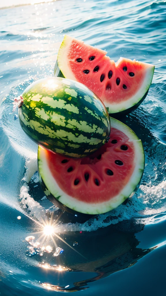 Summer Dream,Dreamy red heart watermelon,Dreamy lighting,The scattered water drops float in the air and sparkle in the sun,HD,Details,Best quality