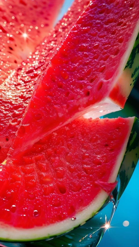Summer Dream,Dreamy red heart watermelon,Dreamy lighting,The scattered water drops float in the air and sparkle in the sun,HD,Details,Best quality