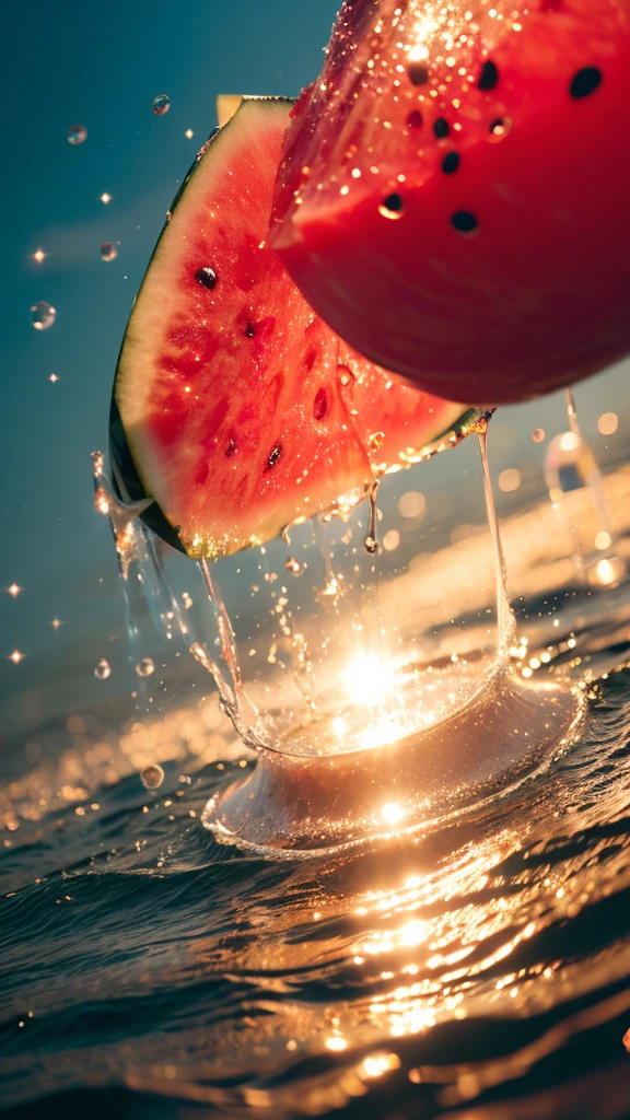 Summer Dream,Dreamy red heart watermelon,Dreamy lighting,The scattered water drops float in the air and sparkle in the sun,HD,Details,Best quality