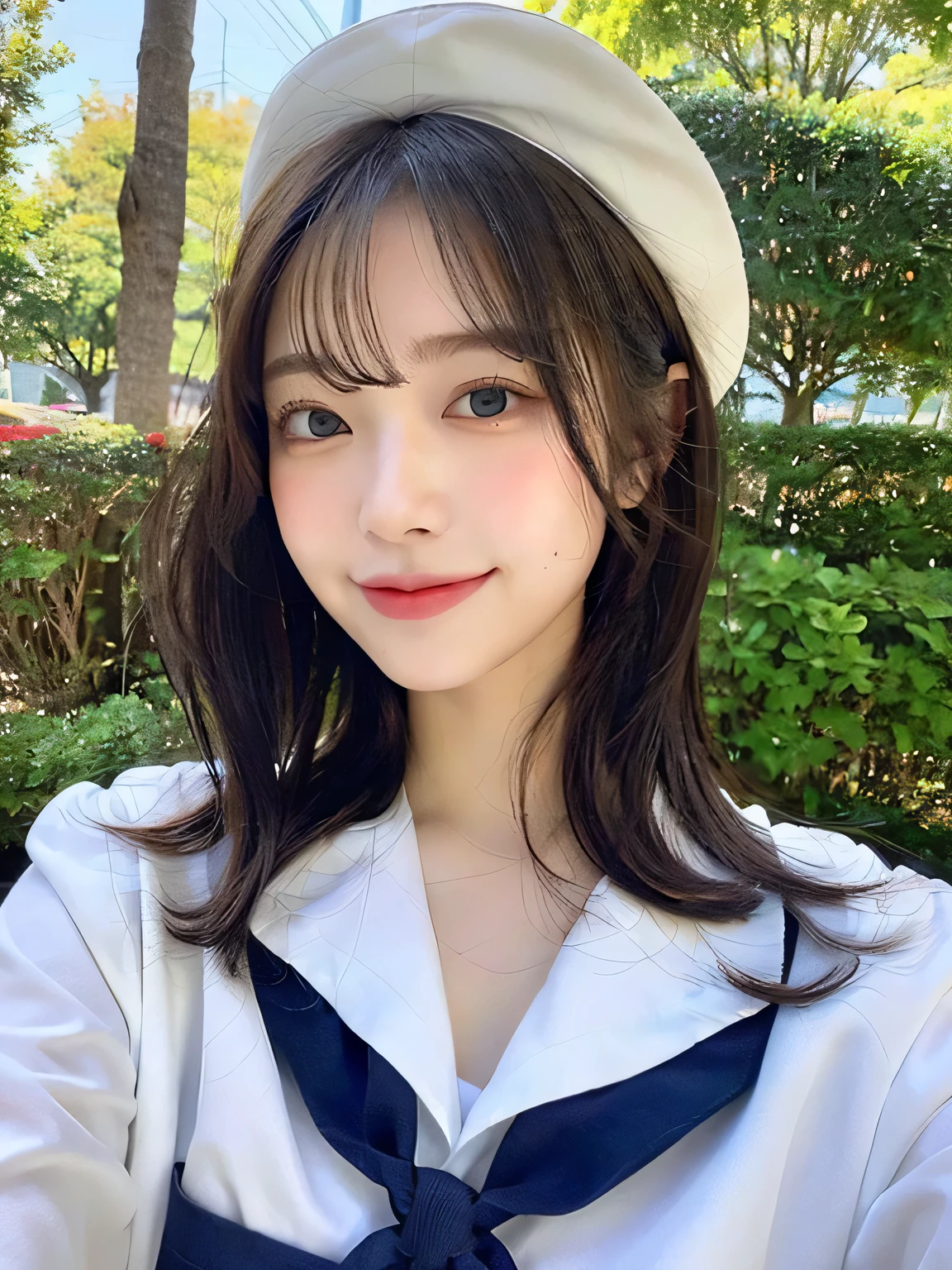 One person、14 years old、Full body photo、slender、woman、White drool coming out of the mouth、smile、Very short hairstyle、 Fair skin, messy hair, super cute、Soft and Face、8K resolution、Surreal、Ultra high definition、 A-cup small breasts((Highest resolution、8K、masterpiece:1.3))、Ultra-fine face、Ultra Fine Lips、Beautiful Eyes、double eyelid,Sailor suit、Thighs、thin,Thighsが見える、Shapely small breasts、