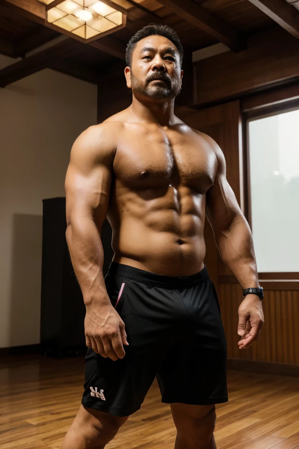 A wild plump chinese uncle man, (55 years old daddy:1.1), 1boy, Solo, handsome, nerdy, stubbles, small eyes, detailed eyes:1.1, big round face shape, (Detailed face:1.3), short hair, (Best quality, A high resolution, Photorealistic), Masterpiece, in the gym, RAW photo, Intricate details, hdr, depth of field, full body shot, macho, hunk, sweat, manliness, short trunk, muscular, bear style, masculine, jacked, exertion, height: 170cm, bodybuilding pose