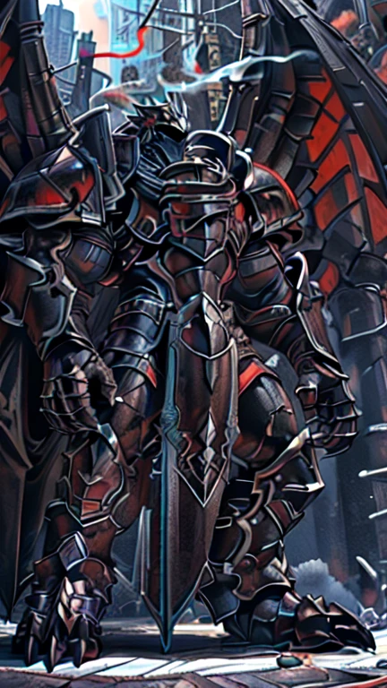 (masterpiece. official art. 8k. best quality. detailed full body. full body.)

(situation 1 : dominating BLACK DRAGON. BLACK DRAGON is over 1000 meters long. focus GIANT mechanical Muscular BLACK DRAGON is trampling the city. Looking down. macro. stomp. Low-angle perspective. emphasizing the immense size.)

(situation 2 :smoke and flames rising from the destruction in the city)

(Additional details 1: wearing a full-face helmet. He wears a black cloak on his back.).

(Additional details 2: (Detailed head. Detailed Body. Detailed abs. gigantic muscles. HYPER MUSCLES. Gigachad Muscular. big muscle. pecs. triceps. traps. unusually developed muscular body. body full of huge muscles. showing off muscles. pectorales enormes. Exaggeratedly huge muscles. huge muscles. long legs.).

(Additional details 3: Spread wings. It has wings. have big wings. black wings. The claws are sharp. Sharp teeth.).

(An advanced bionic mech, cybrog, anthro, dragon, male, full body, Muscle, Delicate face, Delicate eyes, 1 tail, (glowing LED), energy, digitigrade, outdoors, extremely detailed CG unity 8k wallpaper, realistic, masterpiece, highest quality, lens flare, unreal engine, trending on ArtStation, Intricate, High Detail, dramatic, realism, beautiful and detailed lighting, shadows, black scales, rubber goo body, wings, evil looking, crimson glowing eyes, black armor, futuristic armor, heavy armor, snout-cover armored mask, muscular wings, bodybuilder-like physique, muscule-shaped armor, evil master)