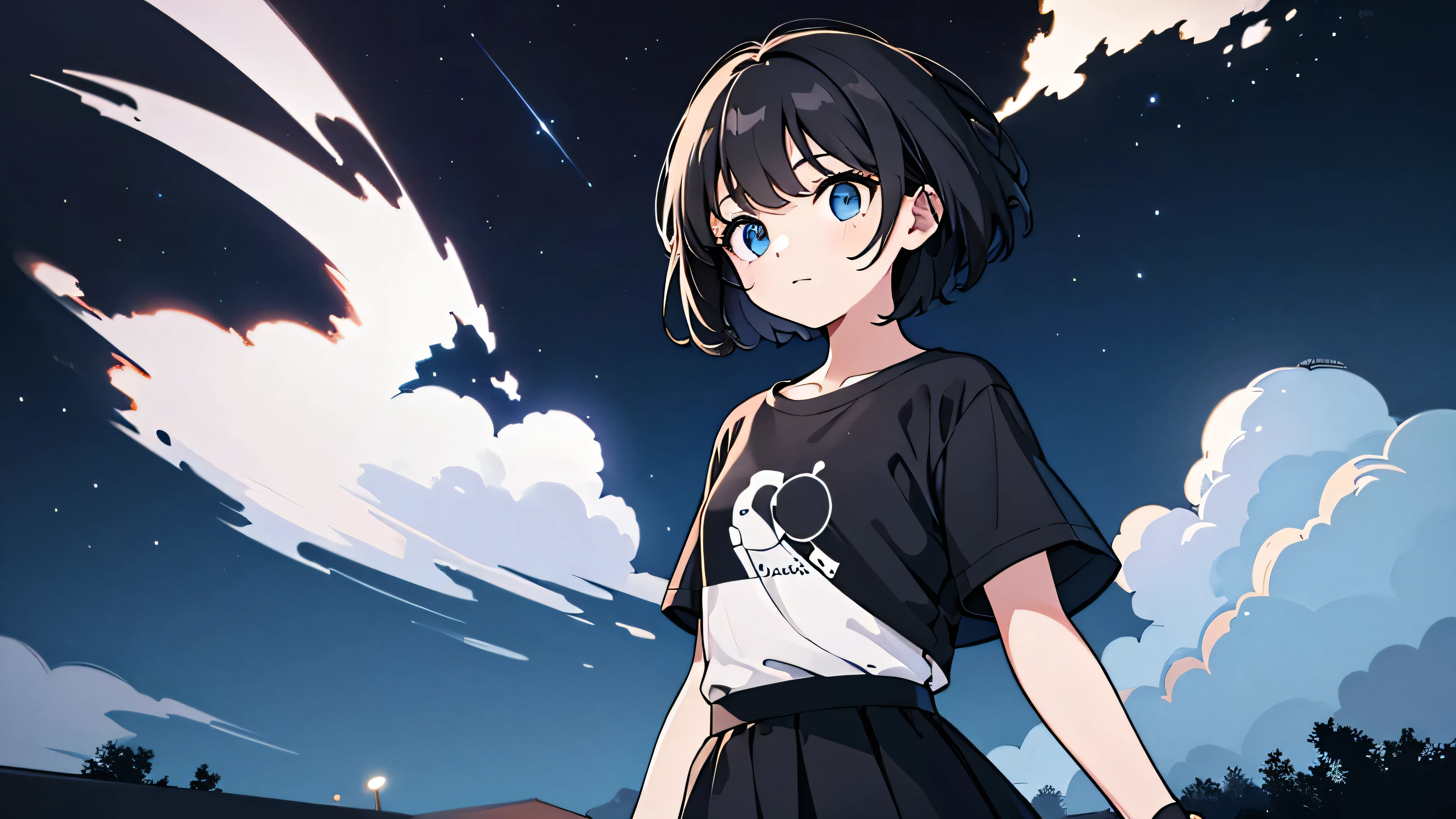1girl, solo, blue eyes, (detailed eyes), flat chest, short hair, black hair, ((white t-shirt)), simple t-shirt, black skirt, black socks, upper body, ((masterpiece, illustration, best quality)) standing on a field viewing up the night sky with dark clouds and stars