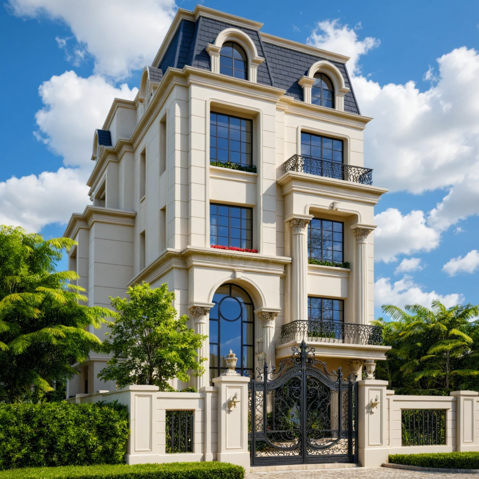 Raw photo, Masterpiece, high quality, best quality, authentic, super detail, exterior, outdoors, house style Indochine on the street, Citigroup road , grass, trees, sky, cloud, daylight:2.2), vivid colors, (realistic:2.3),