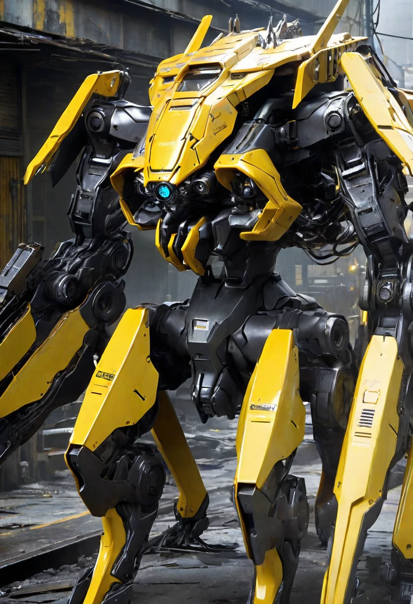 A giant mecha spider designed based on an enemy of a Metal Gear Solid character, in striking yellow and black. high-contrast lighting, got missile launchers,the environment is a post-apocalyptic urban war city ruin, with army and tank, broken place adding depth. The scene's mood is tense and foreboding, alloy armor striking the color, with a metallic sheen reflecting exoskeleton. ultra realistic , ultra details with gears,