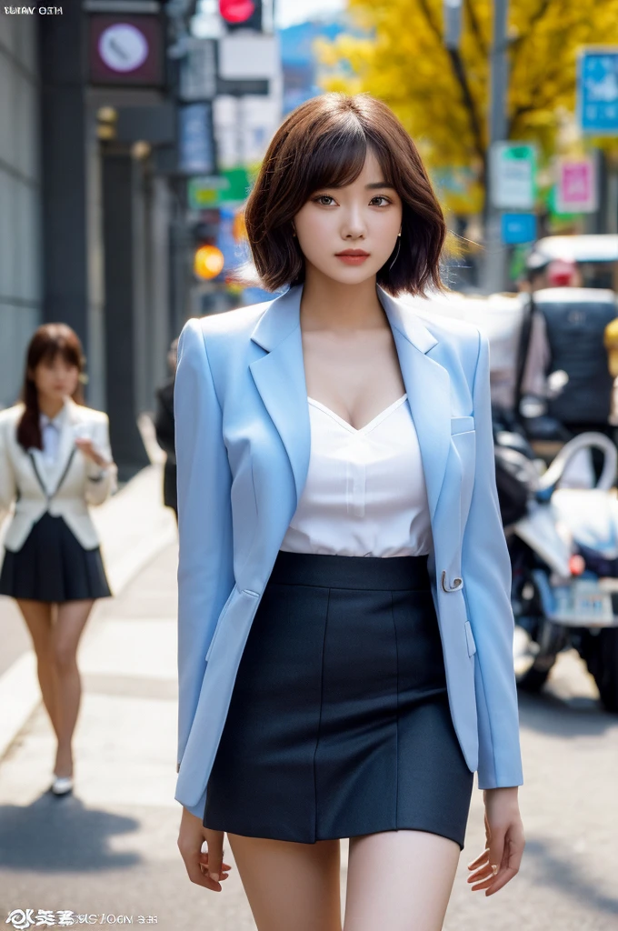 a 19 year old face of the most beautiful actress in the world, the perfect body proportions of a female, blazer is worn with formal shirt on female upper body, vagina in panties between bare legs are almost seen thanks to skirt is too short, the short hair cut of a female, sexy tight skirt suit for a female, standing, at the city street, nsfw, best quality, highly detailed, masterpiece, ultra high res, photo realistic, 8k