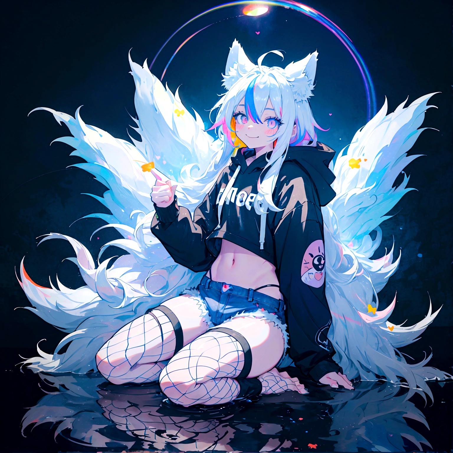a cute adult male with wolf ears, long white hair, long locks, has a wolf tail, wearing a loose cropped black hoodie, wearing a pair of denim short shorts and fishnet stockings, thick thighs, wide hips, relaxing on mound of fluffy multi colored kawaii plushies, short, very slim, showing slender tummy, heart on hoodie, squishy thighs, has glowing blue eyes. alone, solo (ALONE)(SOLO), surrounded by rainbows, colorful galaxy backround, smiling, stretching out, water reflection