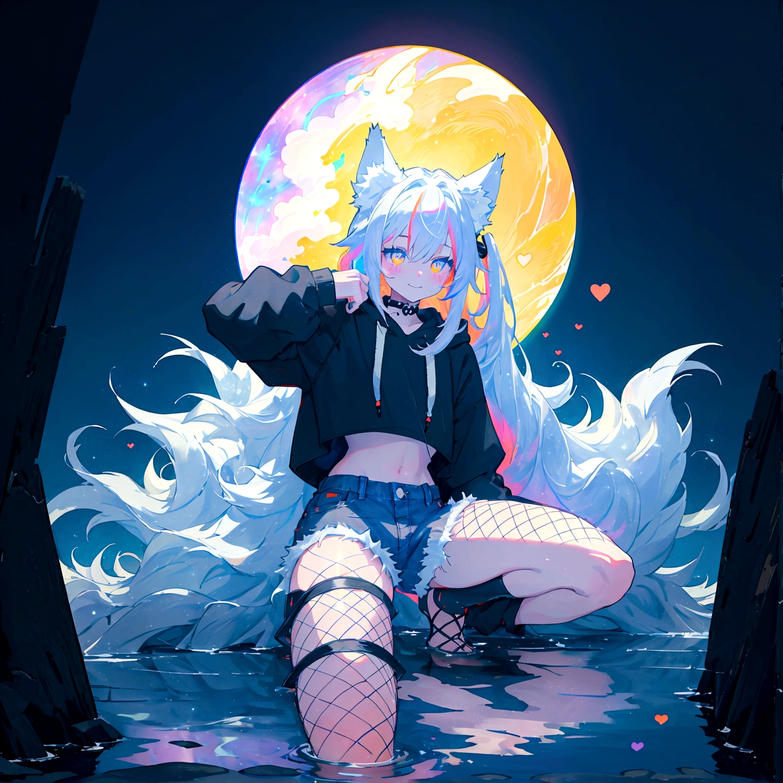 a cute adult male with wolf ears, long white hair, long locks, has a wolf tail, wearing a loose cropped black hoodie, wearing a pair of denim short shorts and fishnet stockings, thick thighs, wide hips, relaxing on mound of fluffy multi colored kawaii plushies, short, very slim, showing slender tummy, heart on hoodie, squishy thighs, has glowing blue eyes. alone, solo (ALONE)(SOLO), surrounded by rainbows, colorful galaxy backround, smiling, stretching out, water reflection