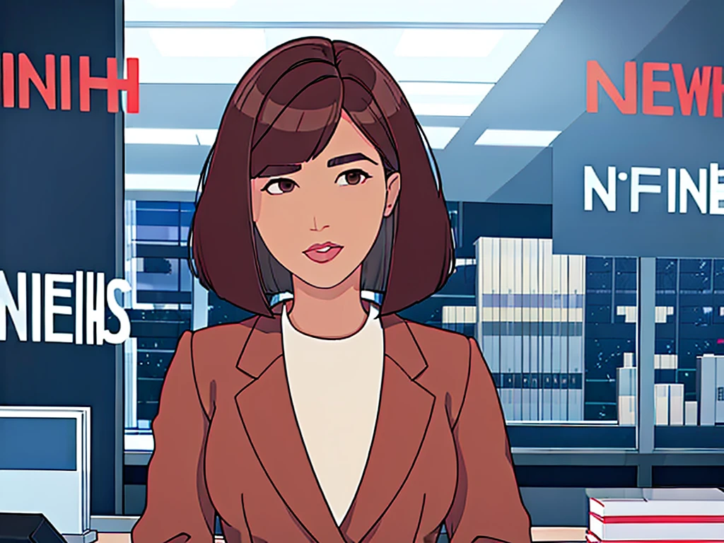 news studio, (((faceless office lady))), brown hair, bob cut, upper body, leading news, small wipe of park, detailed news program, ((from front)), [pixel art]