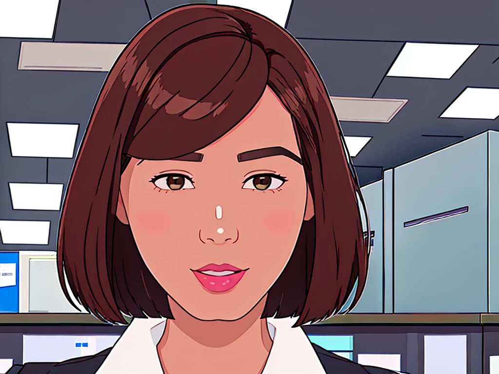 news studio, (((faceless office lady))), brown hair, bob cut, upper body, leading news, small wipe of park, detailed news program, ((from front)), [pixel art]