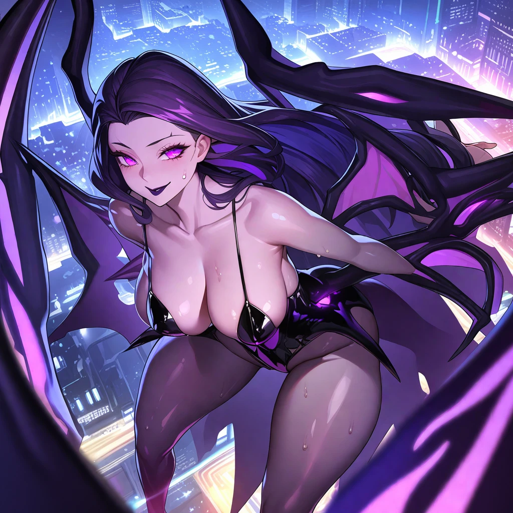 1 mature and seductive woman(Detailed Description,Incredibly absurd,High resolution,8k wallpaper,masterpiece,Highest quality,Depth of region,Anatomically accurate depiction,A face with attention to detail, Eye for detail,Perfect body,Two lovely hands, Five perfect fingers),(Glowing Skin、Shiny skin、Oilskin),(((Succubus with large demonic wings spread))),latex,See-through,eyelash,Intensely glowing purple eyes,Bewitching Smile,Large Breasts,Dark lipstick,Sweat,My hair is blowing in the wind,A strong wind is blowing,(background:Aerial view of the city at night),(From above:1.3)