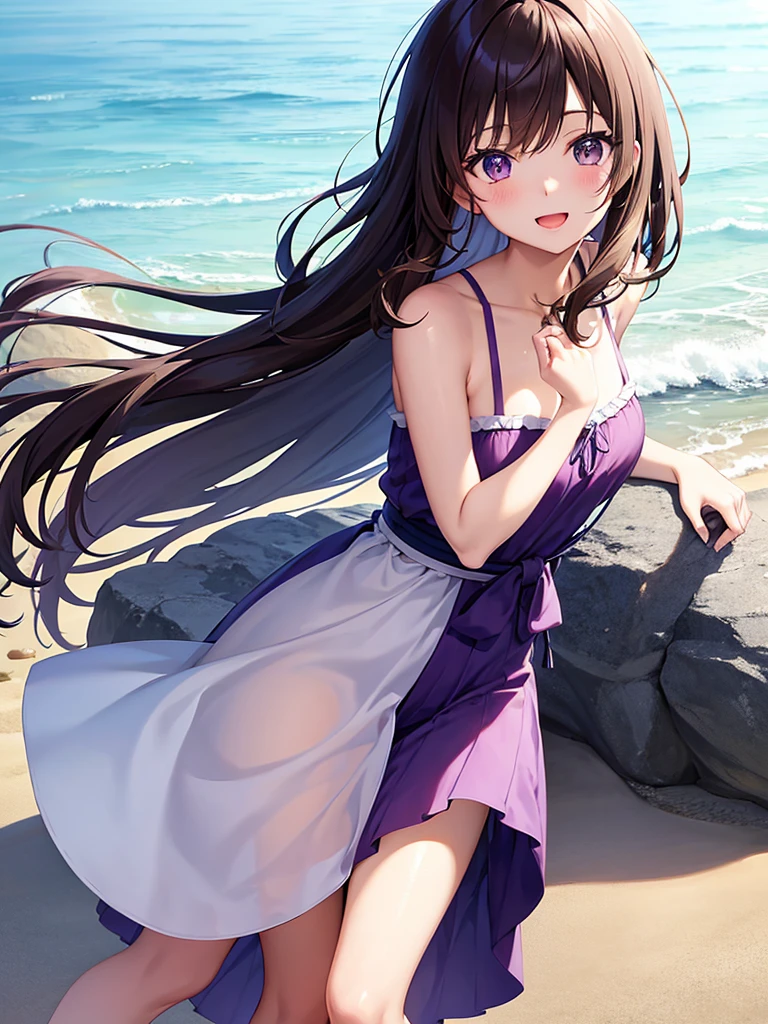 Location in Japan, Anime 1 girl, Brown hair, Eye color at the top is blue to the bottom is slightly purple, Cute face, Slim body, firm breasts, Slightly messy hair, smooth white skin like Mutia, Midnight, Midnight on the beach, looking at the beach view, wearing a summer dress, Happy smiling, masterpiece, 8k.