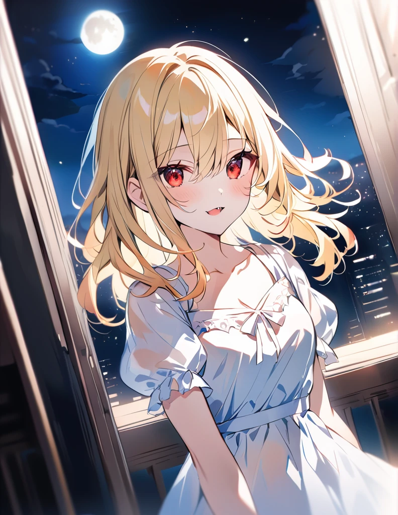 Night, moon, night view, city./ 1 vampire girl, solo. /shiny Smile, parted lips, fang./ moist skin, collarbone./ blonde hair, Each strand of hair is fine.hair between eyes, disheveled hair./ Red eyes, Eyes with catchlights. Long and thin eyelashes. / frilled White dress, puffy short sleeves./ dutch angle./ Light Leaks./ Illustrations with a fresh, translucent, transparent feel. Transparent watercolor. High quality, delicate and precise./ Focus on the person and blur the background.