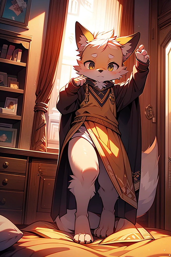 Yellow blanket, Canine, fox motif, boy, uniform,expensive，One person，Stand up on your own feet，