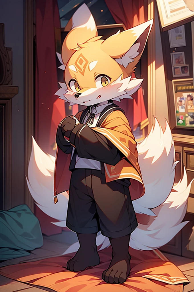 Yellow blanket, Canine, fox motif, boy, uniform,expensive,One person,Stand up on your own feet,