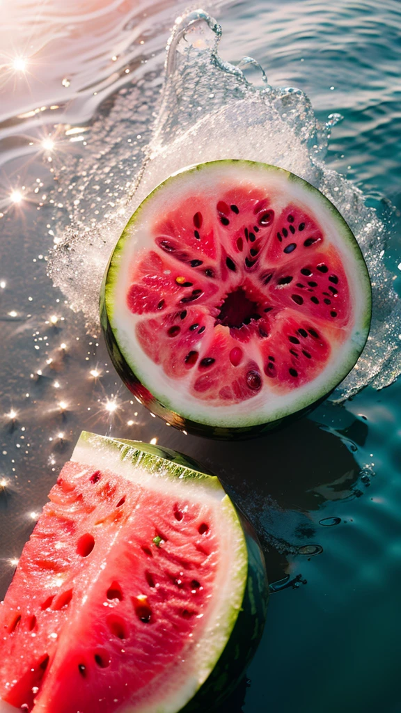 Summer Dream,Red watermelon,Dreamy lighting,The scattered water drops float in the air and sparkle in the sun,HD,Details,Best quality