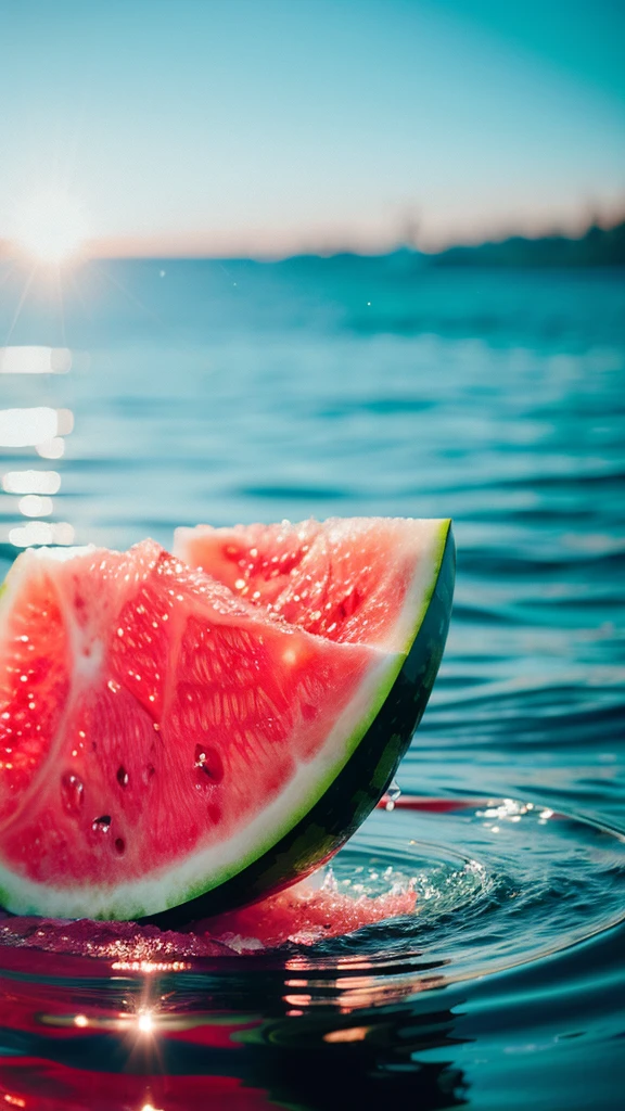 Summer Dream,Red watermelon,Dreamy lighting,The scattered water drops float in the air and sparkle in the sun,HD,Details,Best quality