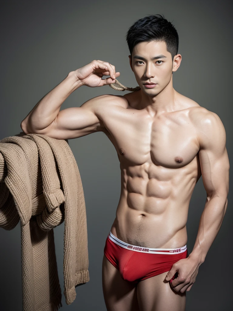Chinese male actor in a briefs, handsome Chinese guy, handsome man, Full Body Shoot, photoshoot, portrait, look at camera, detailed facial parts, Manly, Charmer, Active Boy, standing, top tied up with rope, rope bondage, strangled with rope, harness, wrapped in leather straps, anguished expression, perfect anatomy, symmetric body, asian boy 30years old, shirtless :: high detail, asian, a little six packs attractive body, realistic, human skin, Short Hairstyle, handsome chad chin, shirtless, handsome, attractive, slightly muscular man, masculine, sexually attractive, human skin, (eyes contact), Handsome, Attractive, bulge in briefs, The crotch is raised