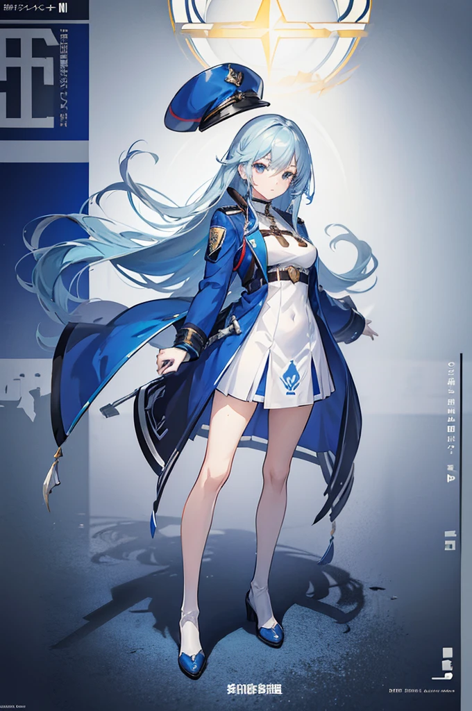 anime - style image of a woman in a blue coat and white dress, cushart krenz key art feminine, girls frontline style, blue uniform, girl wearing uniform, official character art, made with anime painter studio, from girls frontline, anime visual of a cute girl, inspired by Li Chevalier, anime full body illustration, standing upright, body facing the viewer, symetry,