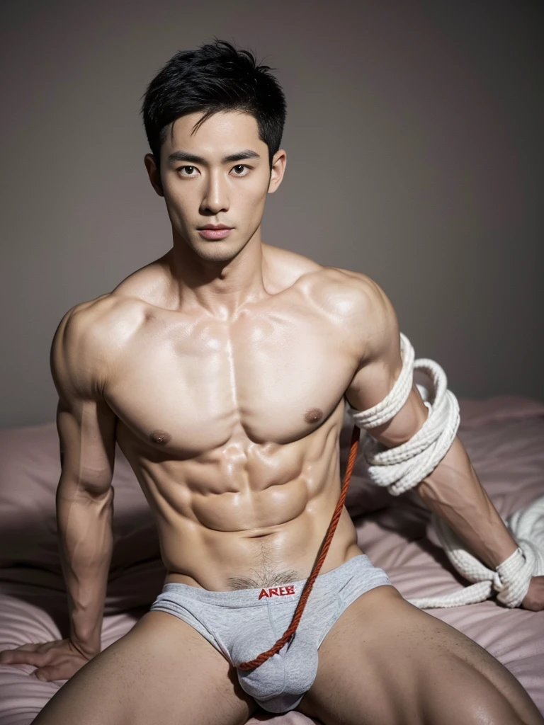 Chinese male actor in a briefs, handsome Chinese guy, handsome man, Full Body Shoot, photoshoot, portrait, look at camera, detailed facial parts, Manly, Charmer, Active Boy, standing, top tied up with rope, rope bondage, strangled with rope, harness, wrapped in leather straps, anguished expression, perfect anatomy, symmetric body, asian boy 30years old, shirtless :: high detail, asian, a little six packs attractive body, realistic, human skin, Short Hairstyle, handsome chad chin, shirtless, handsome, attractive, slightly muscular man, masculine, sexually attractive, human skin, (eyes contact), Handsome, Attractive, bulge in briefs, The crotch is raised