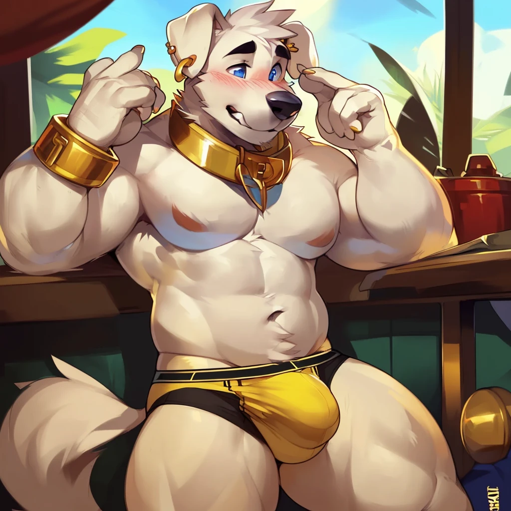 Solo, male (((retriever, muscular, white fur, white body, white fur, black eyebrows, black nose, blue eyes, folded ears, flustered expression, blush, ear piercing, ear ring, golden collar, gold cuffs, thin waist, underwear, big bulge))) standing, 5 fingers, tribal tent ((focus eyes, focus pupils, focus white body, focus white fur, focus 5 fingers, focus golden collar, focus underwear)) full body, perfect anatomy, adult character, by darkgem, by mystikfox61, by glitter trap boy