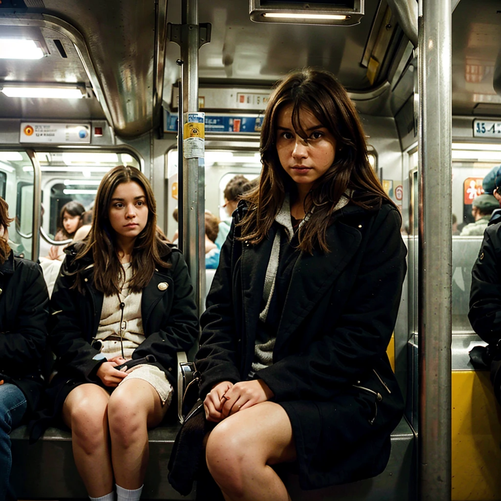 an exhausted 25 year old woman returning from work, Sitting on the subway, with a soft late afternoon light. she has brown hair, wears a black coat. and she has a tired look looking forward with a tired but realistic expression. the metro is moderately full, with people to the side, back to back and in the background with a natural everyday appearance (make one that looks like the subways in São Paulo Brazil) but the focus on the young woman with natural but exhausted looks. make her enter the subway and with people in the background also entering with the young woman. do not just the people but as if it were a photograph taken absently of the girl, and highlighting the very tired look of the 25-year-old. and leaves people around natural 