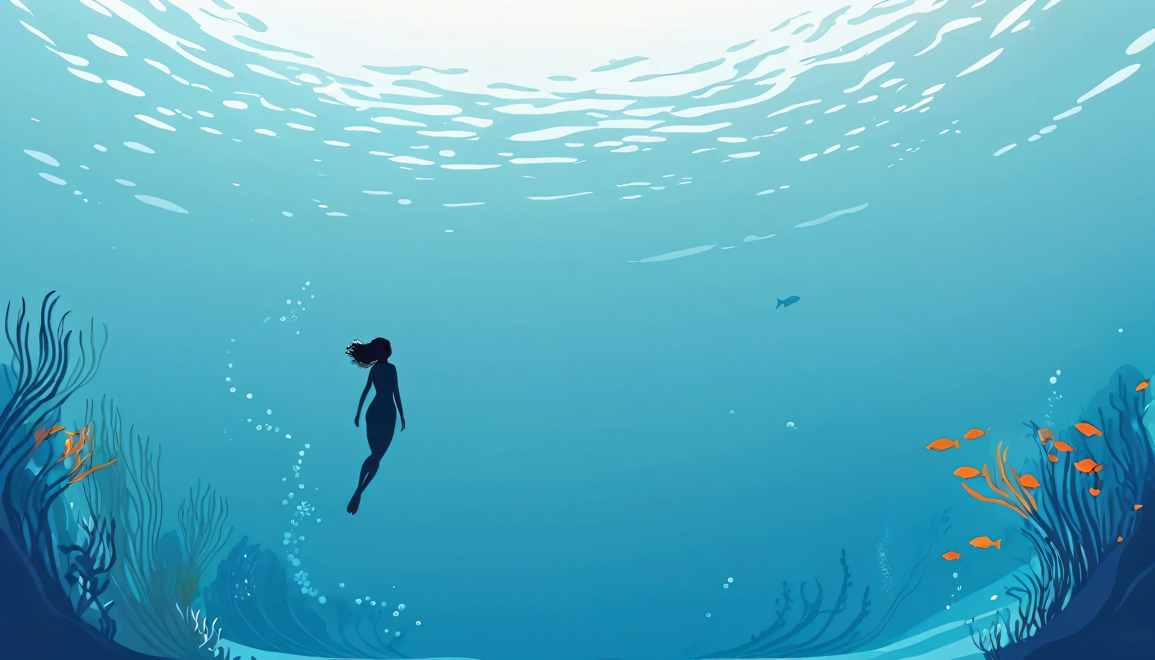 Minimalist Journey, diving, Solitary, 1 girl swimming gracefully with beautiful curves, Minimalism, Under the Sea, illustration.