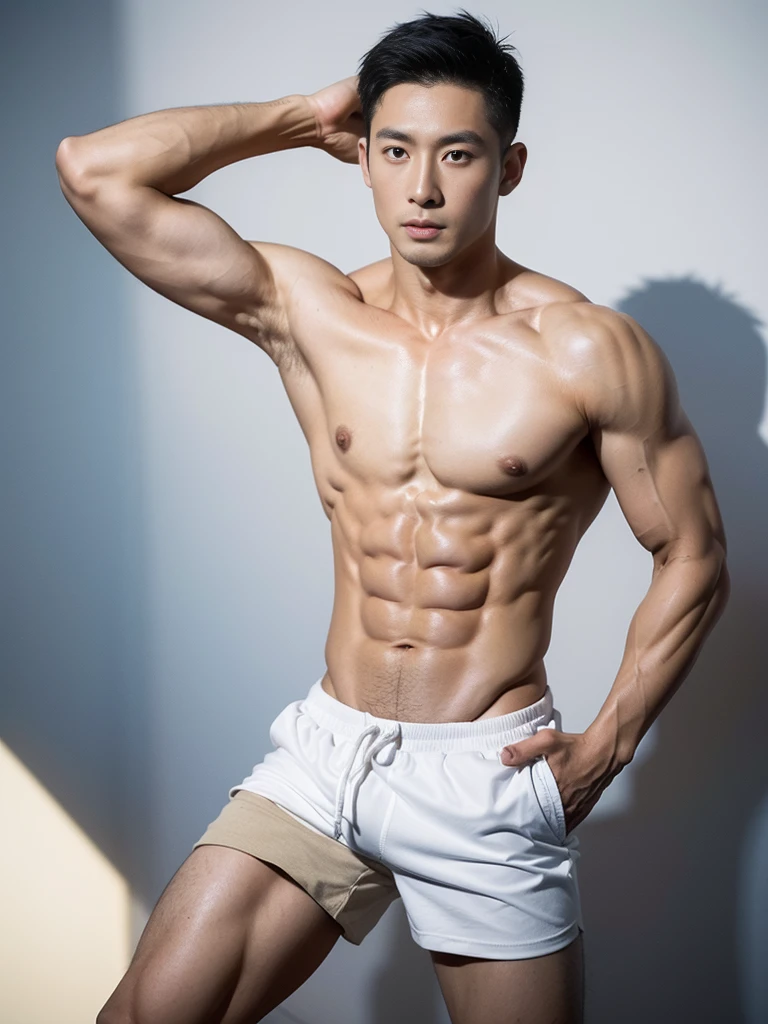 Chinese male actor in a briefs, handsome Chinese guy, handsome man, Full Body Shoot, photoshoot, portrait, look at camera, detailed facial parts, Manly, Charmer, Active Boy, standing, top tied up with rope, rope bondage, strangled with rope, harness, wrapped in leather straps, anguished expression, perfect anatomy, symmetric body, asian boy 30years old, shirtless :: high detail, asian, a little six packs attractive body, realistic, human skin, Short Hairstyle, handsome chad chin, shirtless, handsome, attractive, slightly muscular man, masculine, sexually attractive, human skin, (eyes contact), Handsome, Attractive, bulge in briefs, The crotch is raised