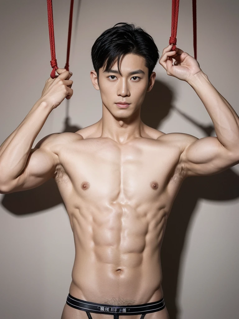 Chinese male actor in a briefs, handsome Chinese guy, handsome man, Full Body Shoot, photoshoot, portrait, look at camera, detailed facial parts, Manly, Charmer, Active Boy, standing, top tied up with rope, rope bondage, strangled with rope, harness, wrapped in leather straps, anguished expression, perfect anatomy, symmetric body, asian boy 30years old, shirtless :: high detail, asian, a little six packs attractive body, realistic, human skin, Short Hairstyle, handsome chad chin, shirtless, handsome, attractive, slightly muscular man, masculine, sexually attractive, human skin, (eyes contact), Handsome, Attractive, bulge in briefs, The crotch is raised