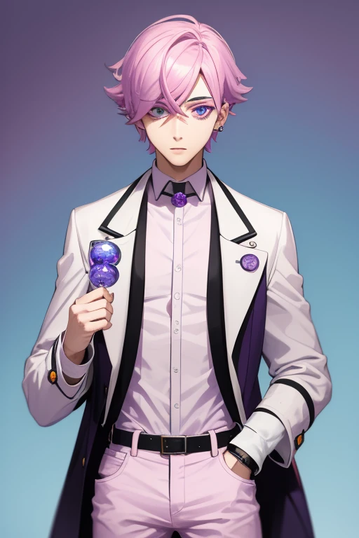 Scientist Gumball Handsome 18 year old boy with pale pink hair, pale pink skin, pierced ears, purple eyes, open white scientist's coat, pale purple jeans, white shirt with candy print, black belt, red jeans, necklace with blue gem, looking directly at the viewer. a white background.