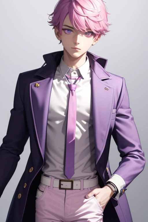 Scientist Gumball Handsome 18 year old boy with pale pink hair, pale pink skin, pierced ears, purple eyes, open white scientist's coat, pale purple jeans, white shirt with candy print, black belt, red jeans, necklace with blue gem, looking directly at the viewer. a white background.