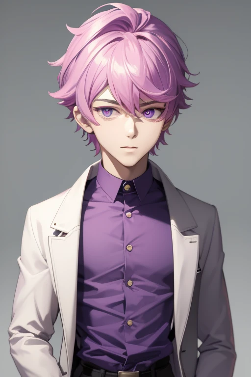 Scientist Gumball Handsome 18 year old boy with pale pink hair, pale pink skin, pierced ears, purple eyes, open white scientist's coat, pale purple jeans, white shirt with candy print, black belt, red jeans, necklace with blue gem, looking directly at the viewer. a white background.