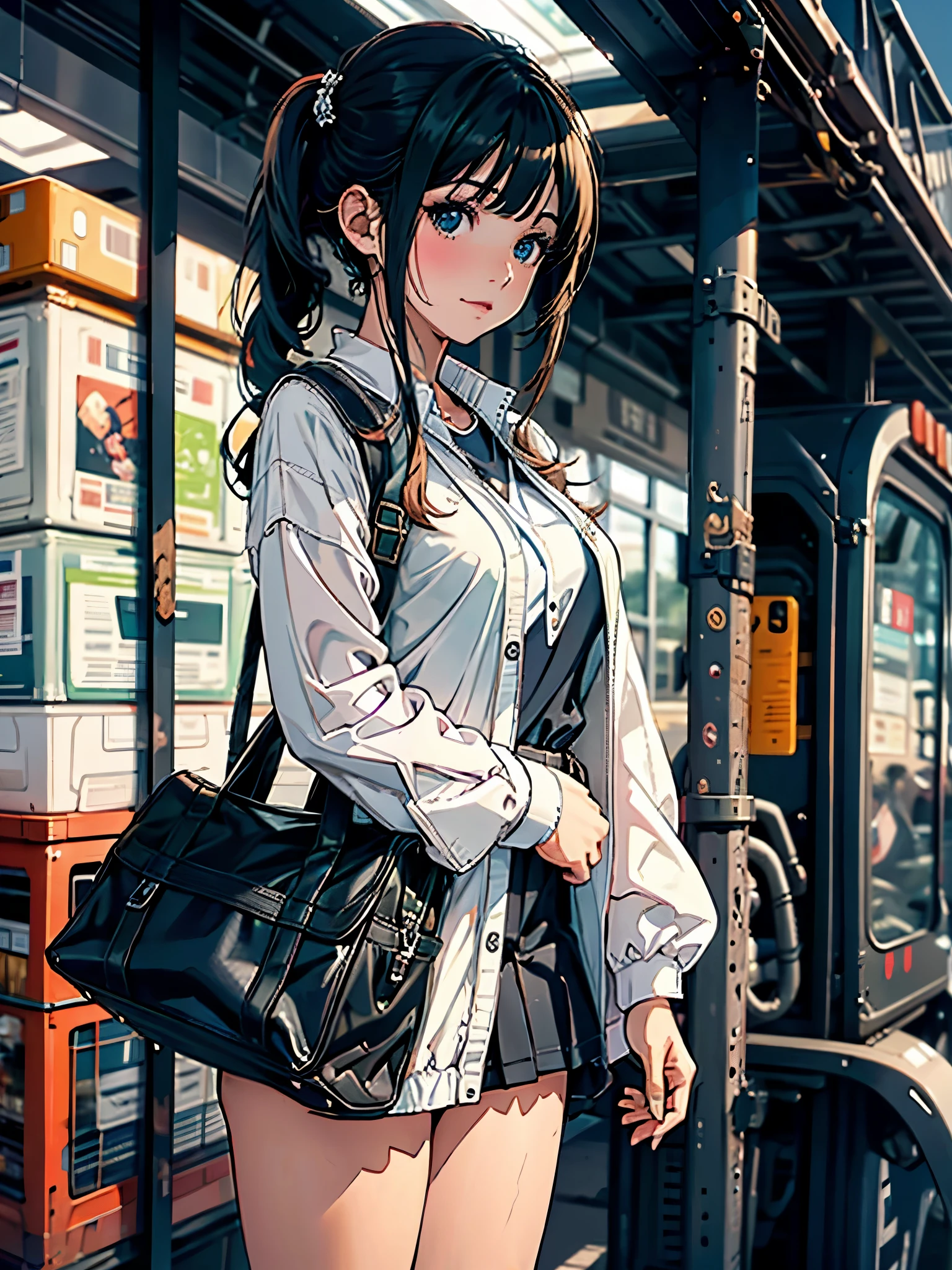 1 girl, standing, deadlines_hideadlinesx style, Home, schoolar uniform, school bag, twintails, car, carrying bag