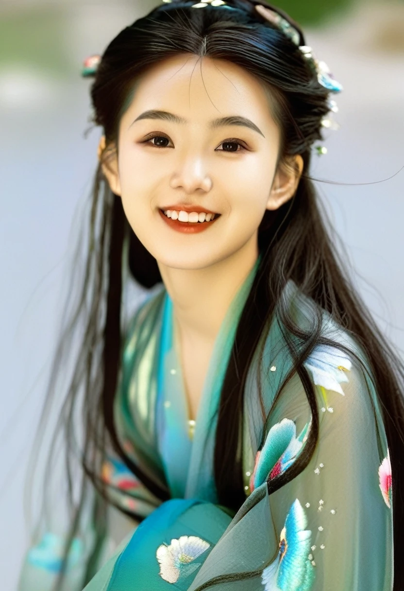photography,Inspired by Song Huizong,4K
,high details,a girl,photo by Ren hang,solo,looking at viewer,smiling,multi -layer transparent and embroidered silk fabric hanfu,elegant,rich colors,expressive eyes,jade accessories,silk texture,pearl jewelry,rose petals,long hair,hime cut,wavy hair, dynamic soft lighting