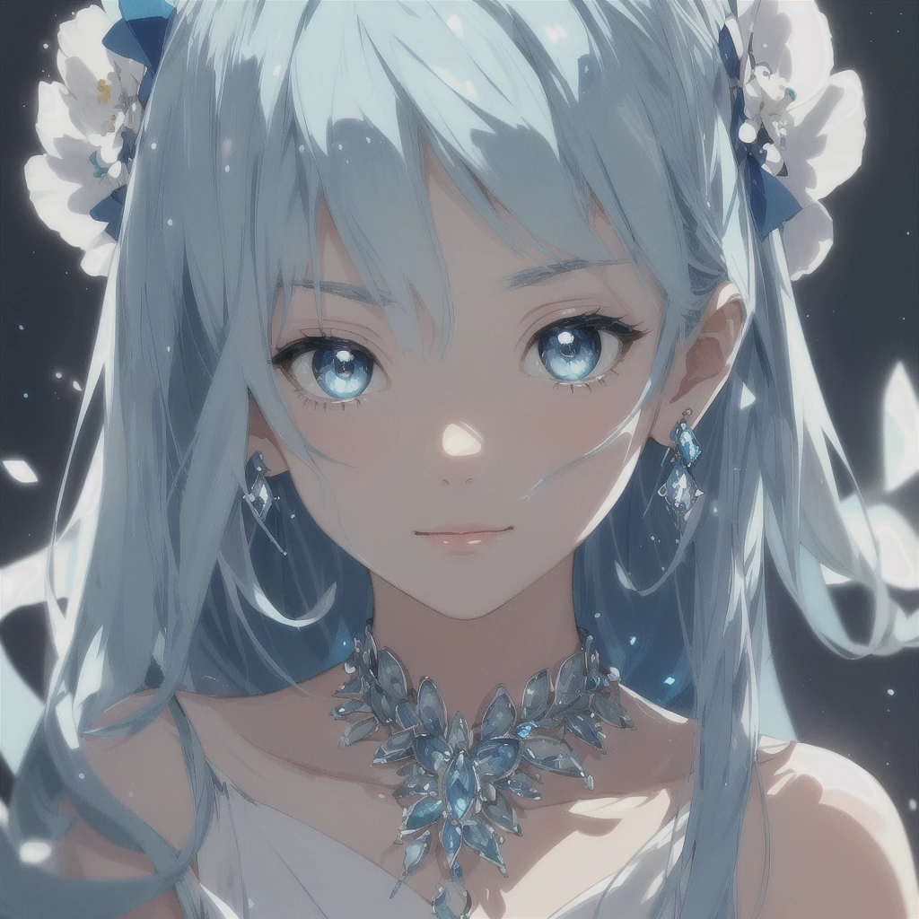 masterpiece, best quality, illustration, sax blue, platinum earrings, platinum necklace, white dress, 1girl, cute, (dynamic lighting:1.2), cinematic lighting, delicate facial features, detailed eyes, sharp pupils, realistic pupils, depth of field, bokeh, sharp focus, (hyper-detailed, bloom, glow:1.4), many small gems, hatsune miku
