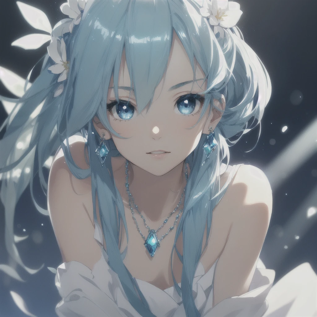 masterpiece, best quality, illustration, sax blue, platinum earrings, platinum necklace, white dress, 1girl, cute, (dynamic lighting:1.2), cinematic lighting, delicate facial features, detailed eyes, sharp pupils, realistic pupils, depth of field, bokeh, sharp focus, (hyper-detailed, bloom, glow:1.4), many small gems, hatsune miku