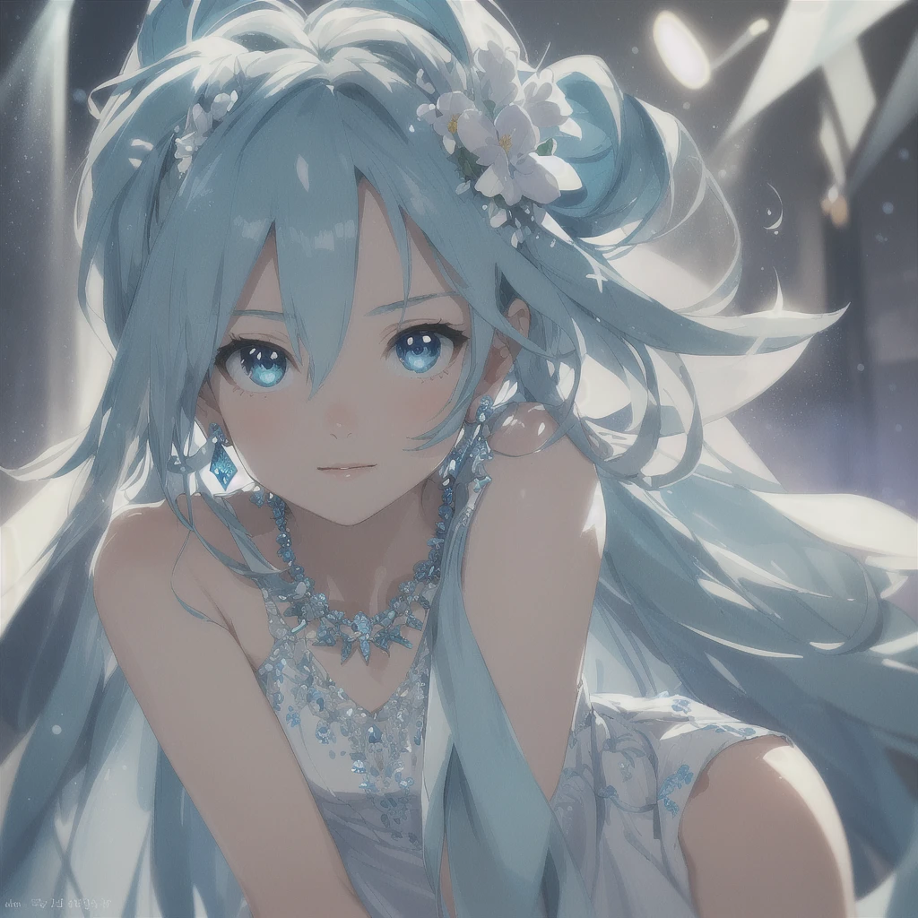masterpiece, best quality, illustration, sax blue, platinum earrings, platinum necklace, white dress, 1girl, cute, (dynamic lighting:1.2), cinematic lighting, delicate facial features, detailed eyes, sharp pupils, realistic pupils, depth of field, bokeh, sharp focus, (hyper-detailed, bloom, glow:1.4), many small gems, hatsune miku