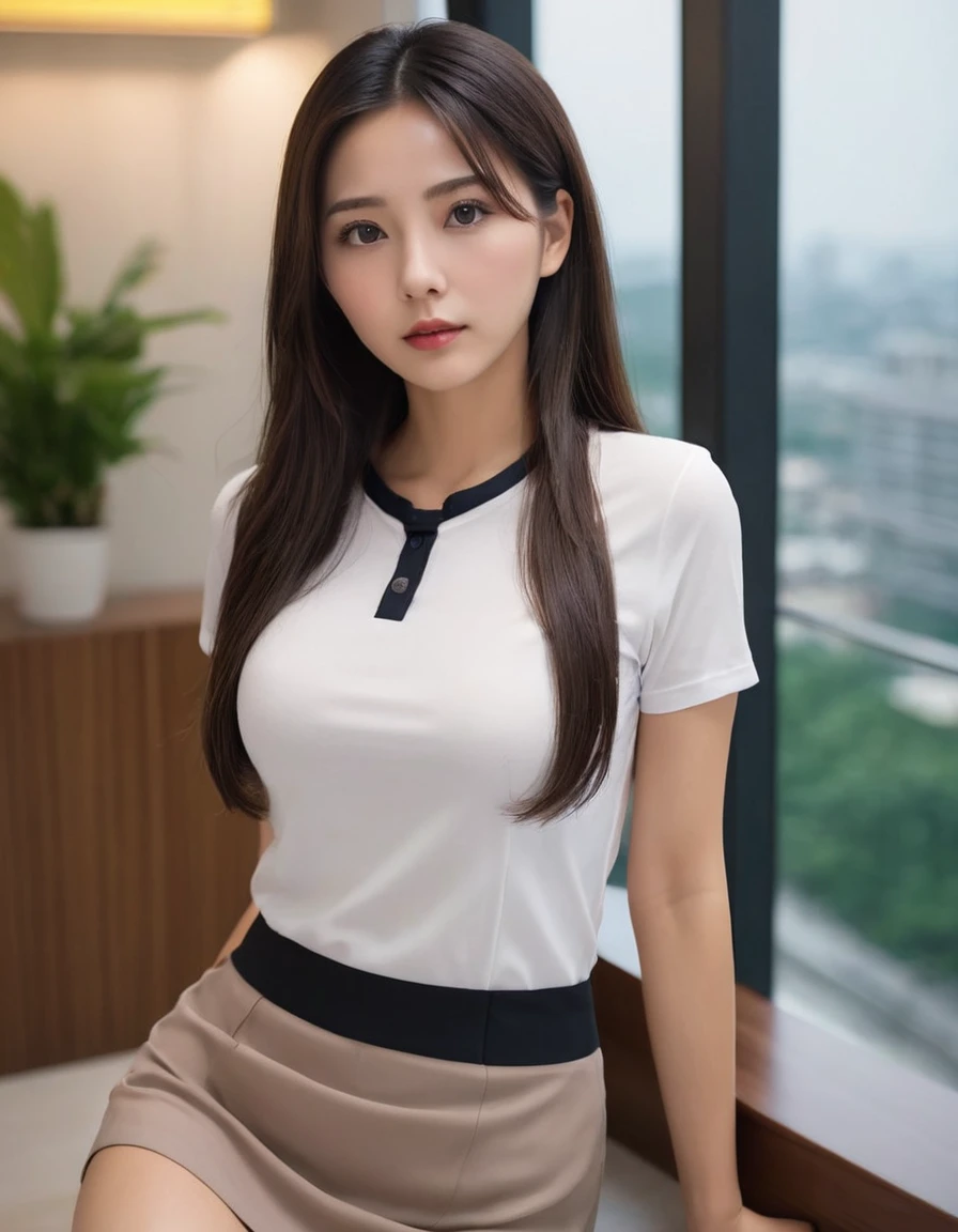 ((Highest quality, 8K, masterpiece :1.3)), whole body, Sharp focus :1.2, Beautiful woman with perfect figure :1.4, Slim Abs :1.2, ((Dark brown hair, Big Breasts :1.2)), Body Dress :1.1, (Night city view, Modern balcony :1.1), Highly detailed face and skin texture, Fine grain, double eyelid, Small Bust, OL Uniform, office Wear, White T-shirt, Exposed cleavage, (Black Pantyhose), (No pants), Indoor scene, office