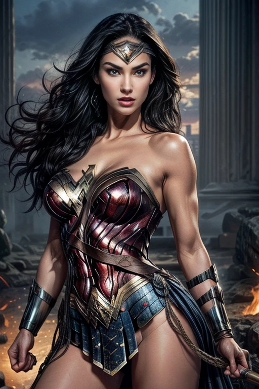Art image of megan Fox as Wonder Woman, busty, beautiful, black hair, large breasts, ancient Athens background, by Louis Royo, Boris Vallejo, Frank Frazetta, extreme focus, sharp details, sexy, oily skin, sexy, naughty, sexy pose