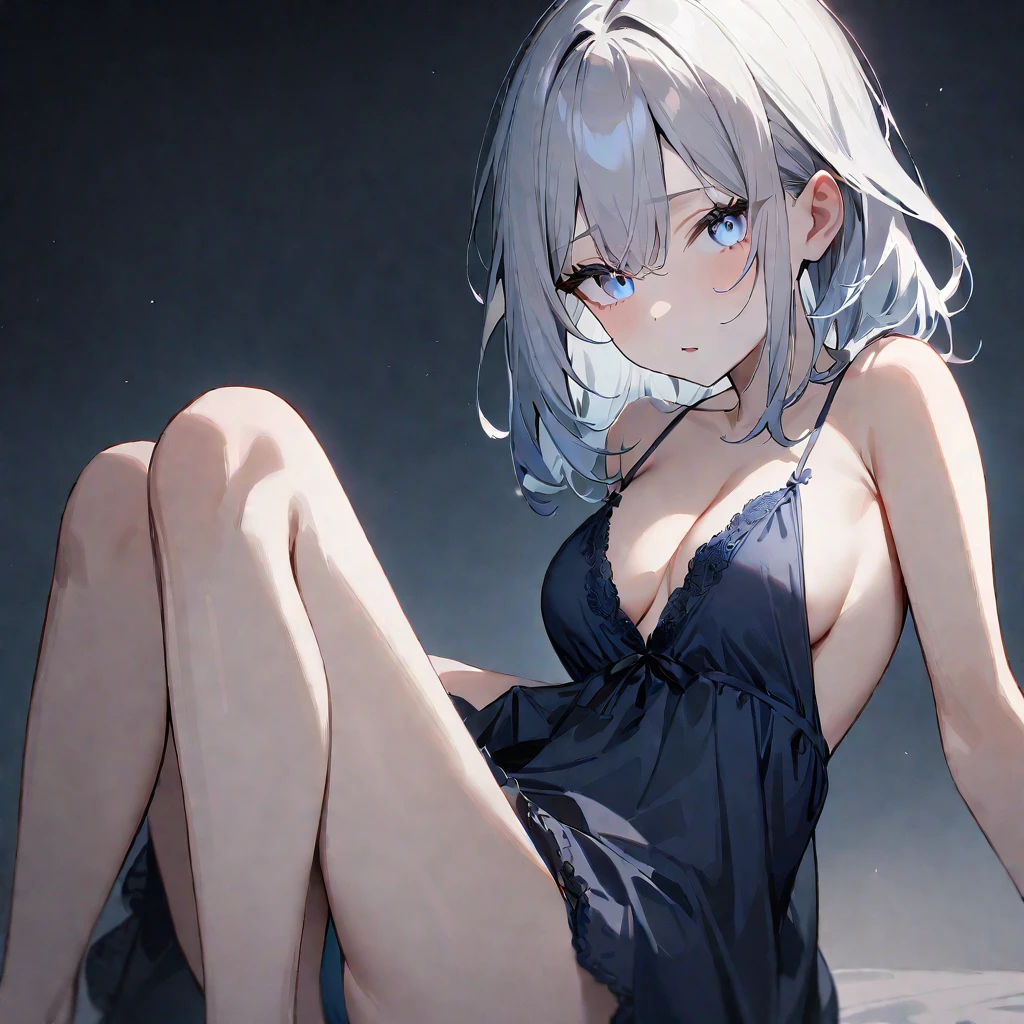 1girl,pale hair,Crevice,Cleavage,sideboob,pallid,pale colors,pale eyes,masterpiece,best quality,very aesthetic,absurdres,blue eyes,nightgown,apart,(Navy blue panties),(lift),(knees up),Black pupil