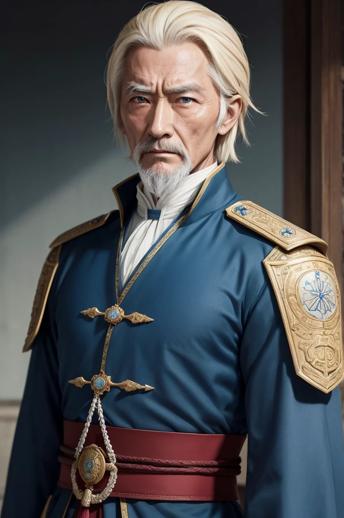 1 29 year old man, short straight blonde hair, Cao Cao , crystal blue eyes, with a serious face and period clothes from the 1817s