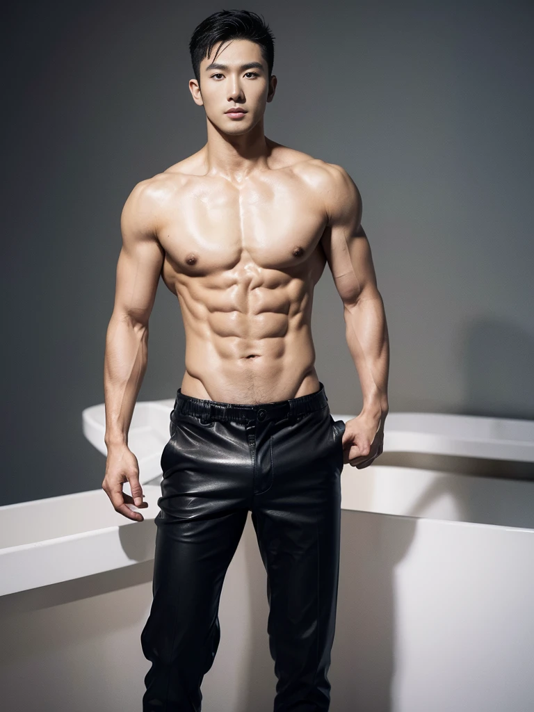 Chinese male actor in a briefs, handsome Chinese guy, handsome man, Full Body Shoot, photoshoot, portrait, look at camera, detailed parts, Manly, Charmer, Active Boy, standing, top tied up with rope, rope bondage, strangled with rope, harness, wrapped in leather straps, anguished expression, perfect anatomy, symmetric body, asian boy 30years old, shirtless :: high detail, asian, a little six packs attractive body, realistic, human skin, Short Hairstyle, handsome chad chin, shirtless, handsome, attractive, slightly muscular man, masculine, sexually attractive, human skin, (eyes contact), Handsome, Attractive, bulge in briefs, The crotch is raised