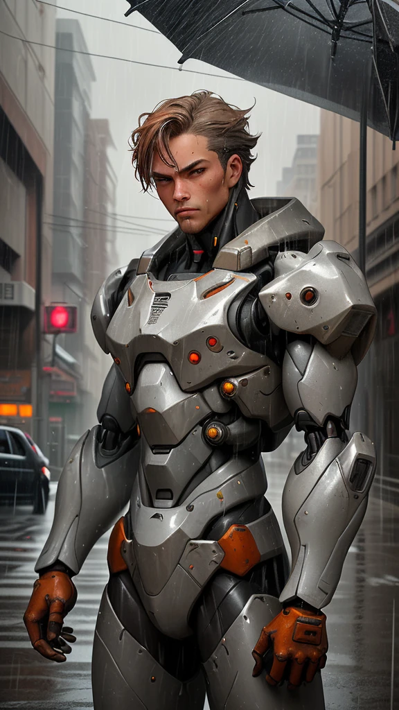 Alpha Male Portrait Photo, Perfect eyes, Wearing gray mecha suit,, (Steel Metal [rust]), elegant, sharp focus, photography：Greg Rutkoski, Soft Light, bright colors, masterpiece, ((street)), Cowboy shooting, dynamic poses, The rain is falling，Outside the street，cloudy day，Heavy rain