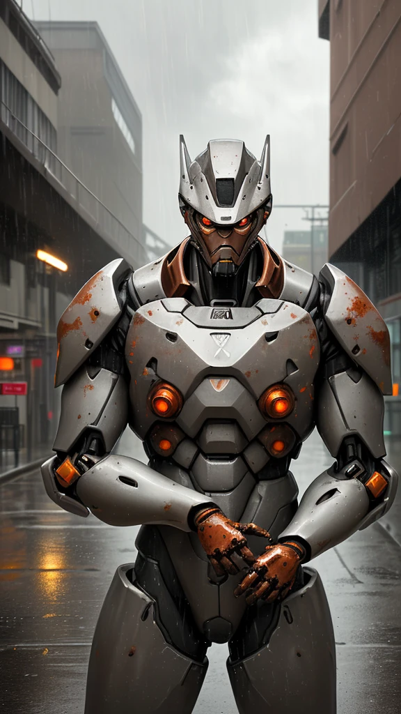 Alpha Male Portrait Photo, Perfect eyes, Wearing gray mecha suit,, (Steel Metal [rust]), elegant, sharp focus, photography：Greg Rutkoski, Soft Light, bright colors, masterpiece, ((street)), Cowboy shooting, dynamic poses, The rain is falling，Outside the street，cloudy day，Heavy rain