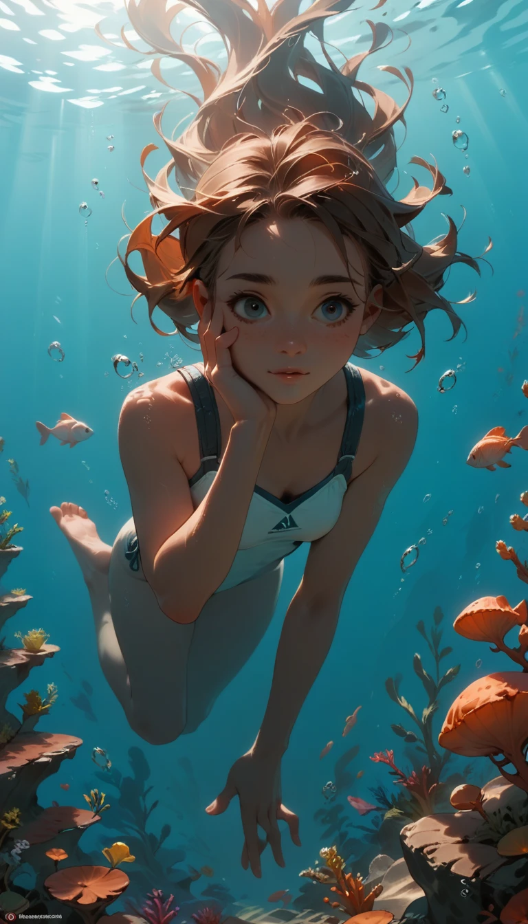 Minimalist Travel，diving，，The girl has her hand on her cheek, Gazing into the distance, Thoughtful、Or reflect a dreamy pose, Convey a sense of serenity and depth, Dutch Angle,Minimalism, Underwater, figure.